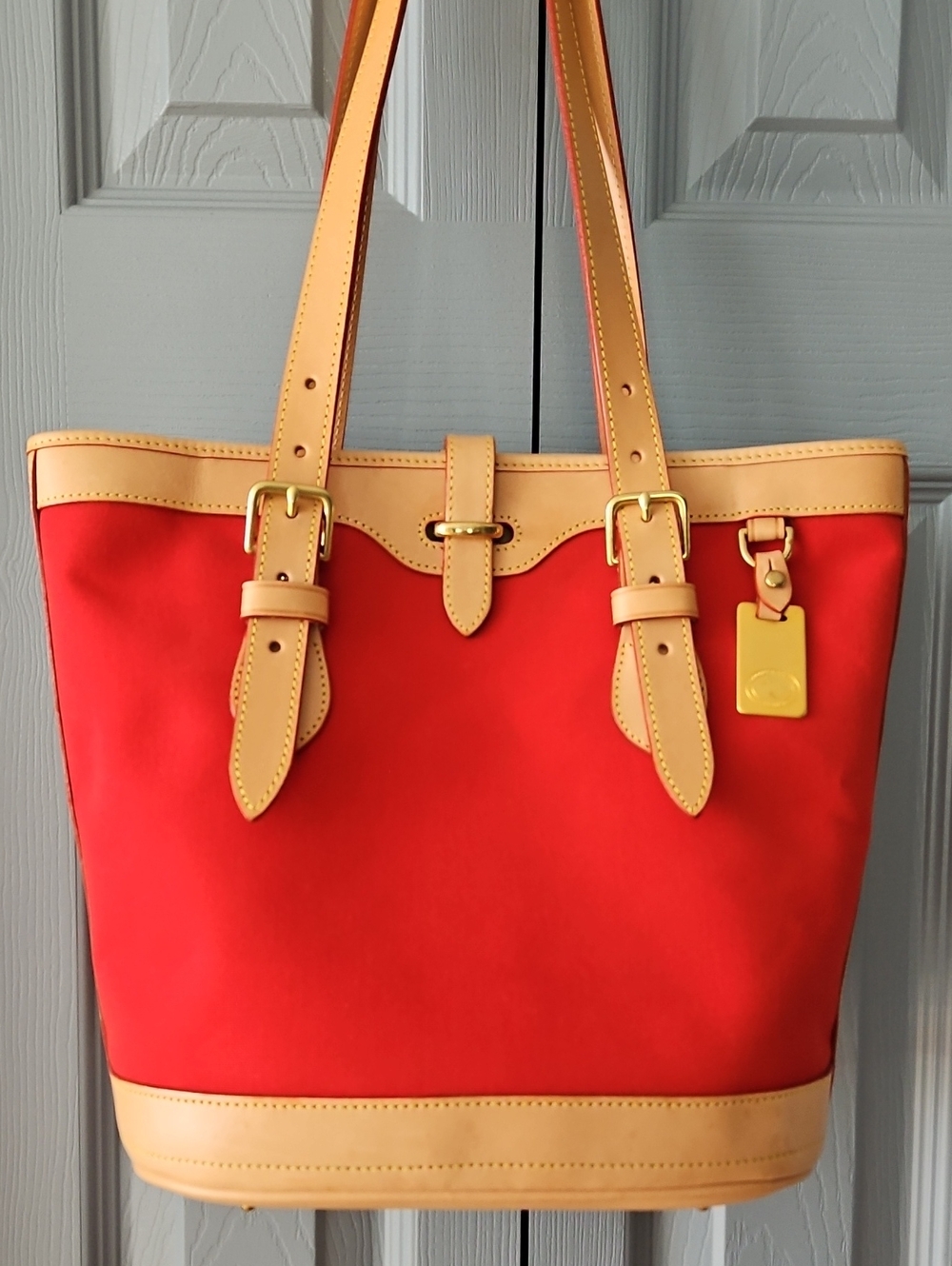 Dooney & Bourke (New) Red Canvas Tote With Light Tan Leather Trim